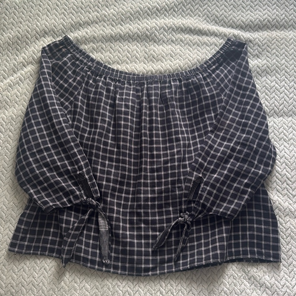 Madewell Top Womens Large Black Off The Shoulder Blouse Check Casual